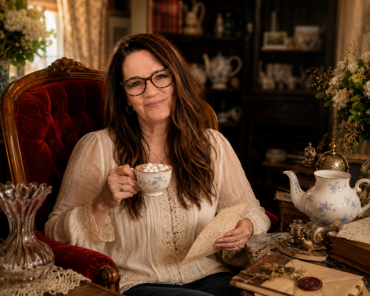 Wendi with a cup of cocoa and a handwritten letter