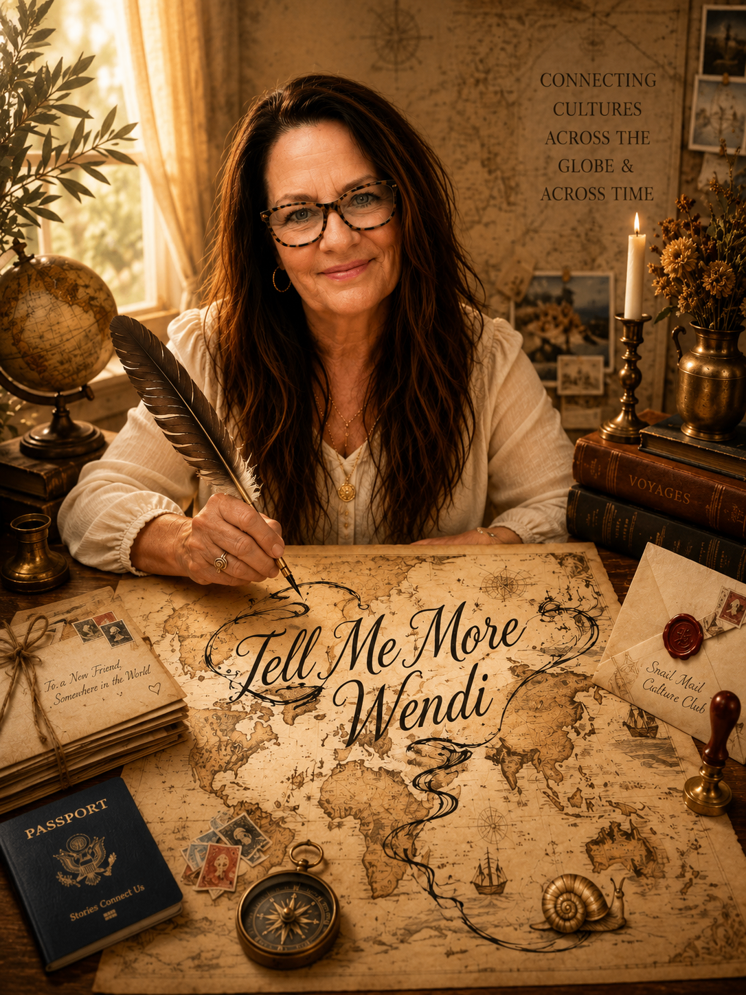 Wendi at her writing desk, surrounded by antique maps, letters, and travel treasures